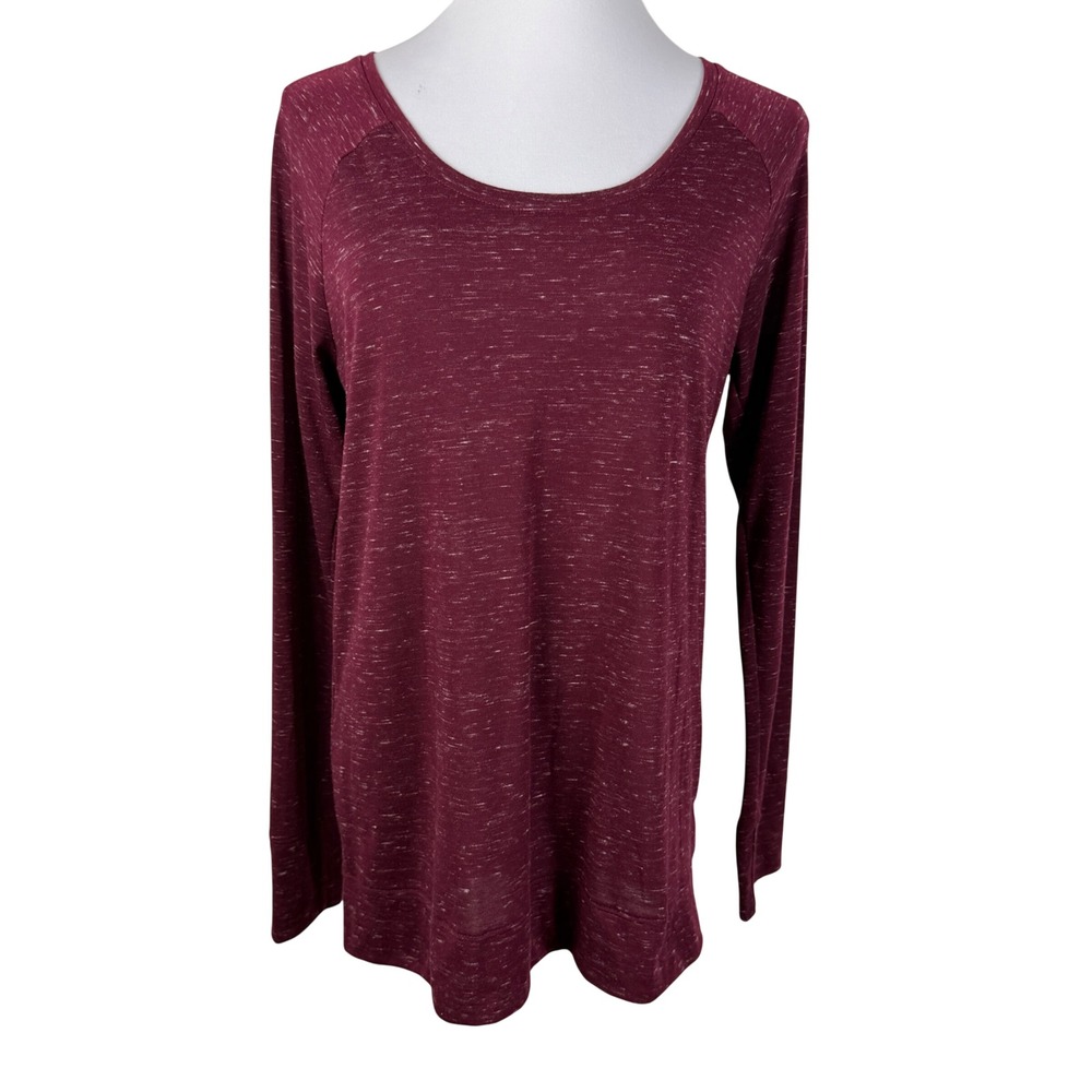 So Perfect Pullover Burgundy Space Dye Scoop Neck Long Sleeve Top Women's Large